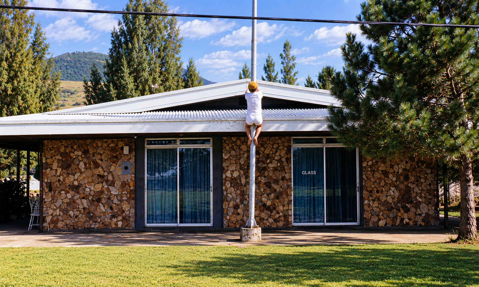 A person climbing a white pole in front of the stone-faced clubhouse.