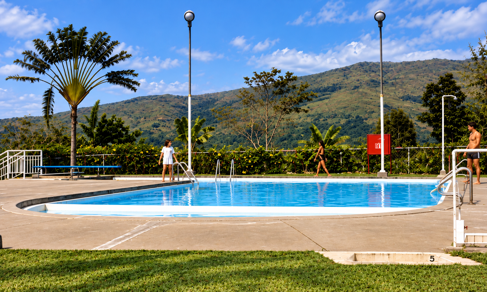 People walking around the swimming pool beneath tropical trees and green hills.